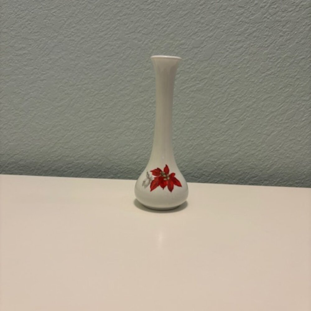 Vintage white bud vase with poinsettia design-REDUCED! Gift idea! Holiday decor